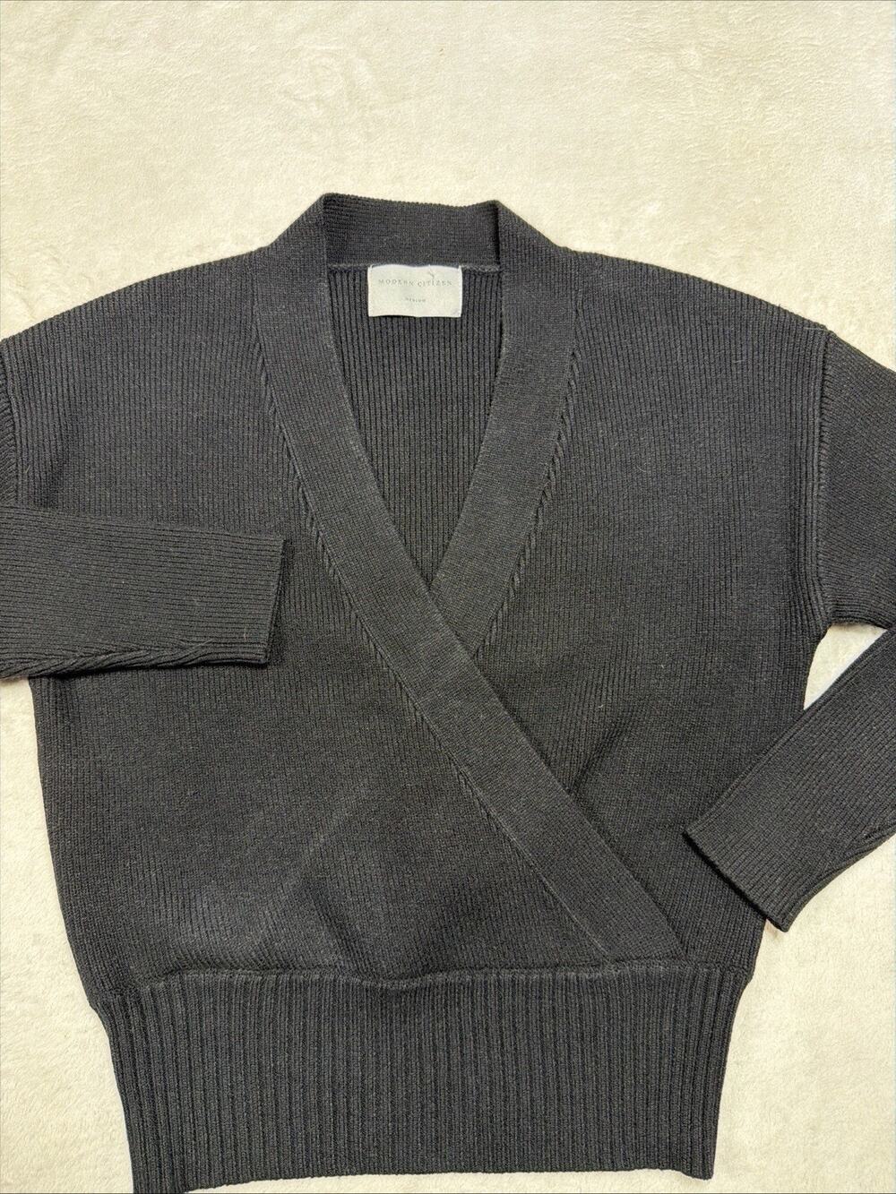 Modern Citizen Black Surplice Wrap Sweater Ribbed V-Neck Minimalist Capsule Sz M